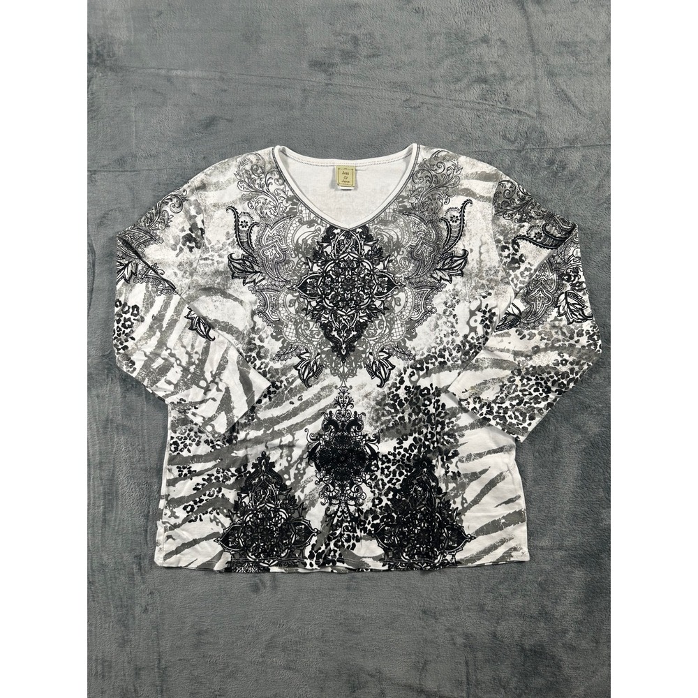 Jess & Jane Fantastic Top 2X White Black Paisley Leopard Zebra V-Neck Cotton USA
